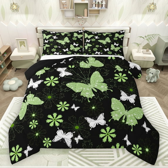 Feelyou Bohemian Butterfly Kids Bedding Comforter Set, Rustic Flower Floral Twin Comforter Sets, Dreamy Animal Green Reversible Bedding Set, Breathable Home Decor, 2-Piece