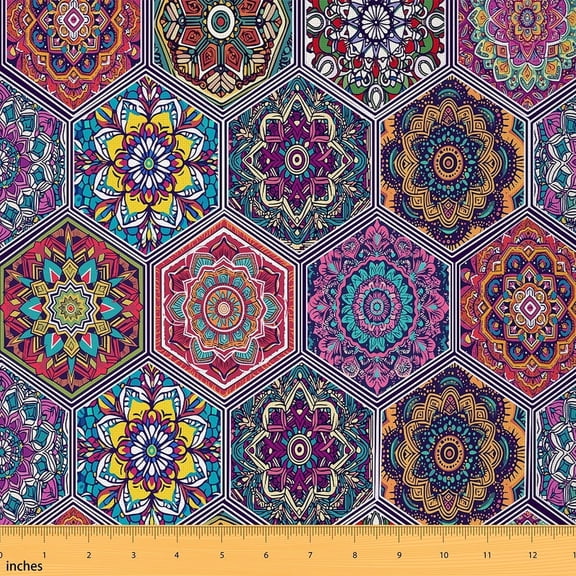 Feelyou Bohemian Damask Fabric by the Yard 1 Yard, Hippie Mandala Sewing Fabric, Tribal Floral Flower Home Decor Fabric by the Yard, Luxury Bedroom Decor