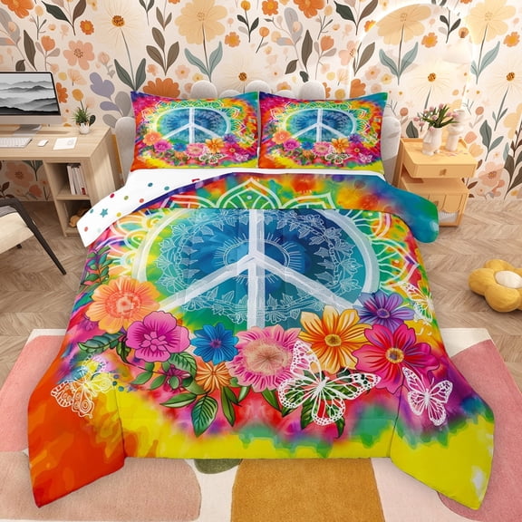 Feelyou Bohemian Damask Flower Bedding Comforter Set, Hippie Mandala Butterfly Twin Comforter Sets, Peace and Love Reversible Bedding Set, Lightweight Room Decor, 2pcs