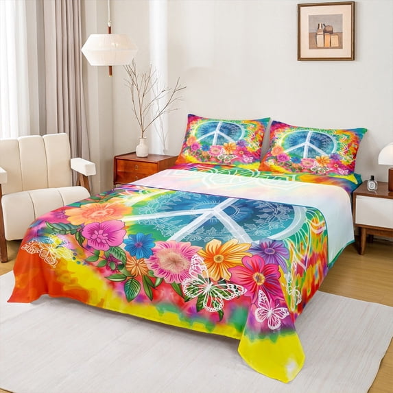 Feelyou Bohemian Damask Flower Full Size Sheets, Hippie Mandala Butterfly Bed Sheets, Peace and Love Sheet Sets, Lightweight Room Decor, 4pcs