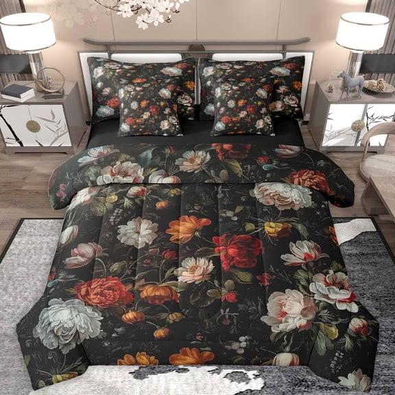 Feelyou Bohemian Flower Floral Bedding Comforter Set 7pcs, Rustic Plant Botanical Queen Bedding Sets, Retro French Style Reversible Queen Sheet Sets, Breathable Home Decor