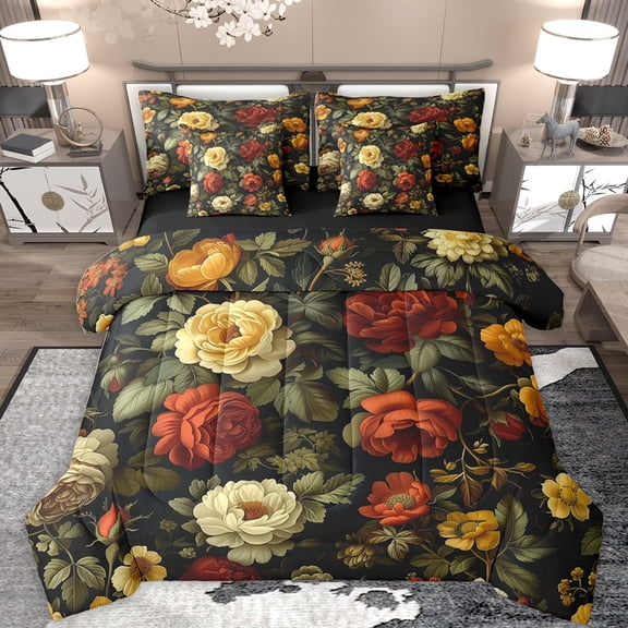 Feelyou Bohemian Flower Floral Bedding Comforter Set 7pcs, Western Fashion King Bedding Sets, Retro French Style Reversible Bed Sheets, Ultra Soft Bedroom Decor