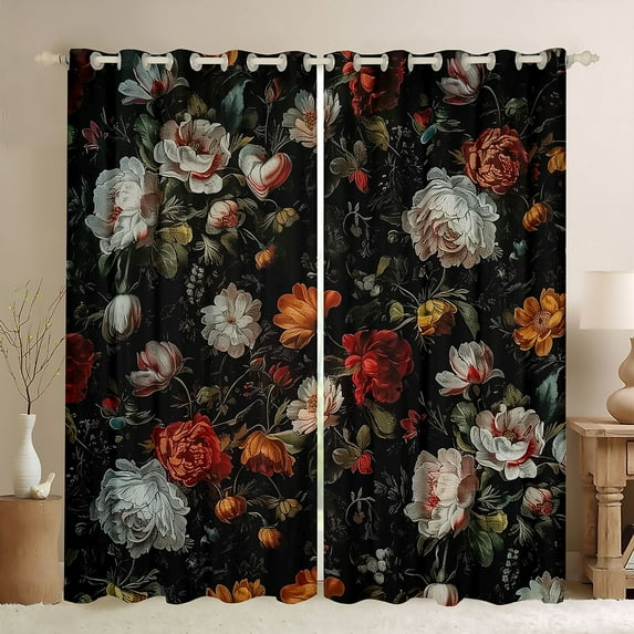 Feelyou Bohemian Flower Floral Blackout Curtains Set of 2 (52x84 Each), Rustic Plant Botanical Window Curtains, Retro French Style Curtains and Drapes, Living Room Curtains Decor