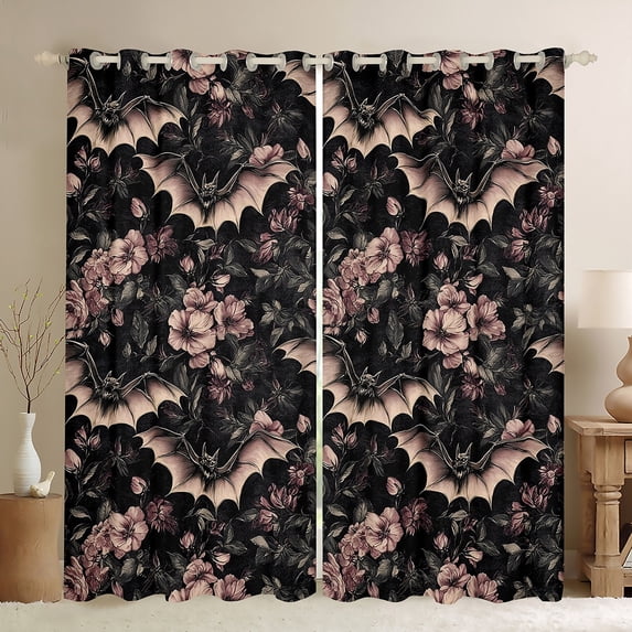 Feelyou Bohemian Gothic Bat Curtains Pack of 2 (42x84 Each), Romantic Flower Floral Curtains Blackout, Western Plant Botanical Bedroom Curtains, Living Room Curtains Decor