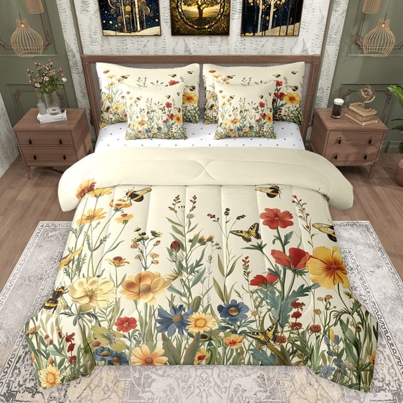 Feelyou Bohemian Groovy Flower Bedding Comforter Set 7pcs, Kawaii cartoon Butterfly Queen Bedding Sets, Jungle Floral Reversible Queen Sheet Sets, Microfiber Bedroom Decor