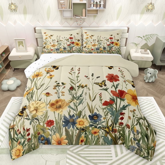 Feelyou Bohemian Groovy Flower Queen Comforter Set, Kawaii cartoon Butterfly Bedding Sets, Jungle Floral Reversible Bedding Comforter Set, Microfiber Bedroom Decor, 3 Pieces
