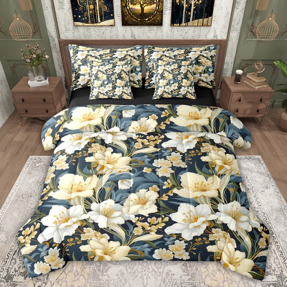 Feelyou Bohemian Lily Floral Twin Bedding Sets 7-Piece, Farmhouse Flower Plant Bedding Comforter Set, Southwestern Theme Reversible Sheet Sets, Luxury Bedroom Decor