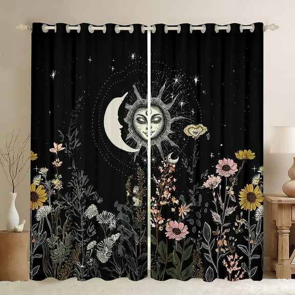 Feelyou Bohemian Moon Sun Curtains Pack of 2 (42x84 Each) for Kids, Farmhouse Jungle Flower Curtains Blackout, Mandala Style Bedroom Curtains, Blackout Curtains Home Decor