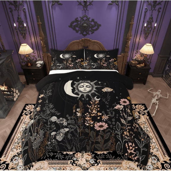 Feelyou Bohemian Moon Sun Queen Comforter Set for Kids, Farmhouse Jungle Flower Bedding Sets, Mandala Style Reversible Bedding Comforter Set, Ultra Soft Home Decor, 3pcs