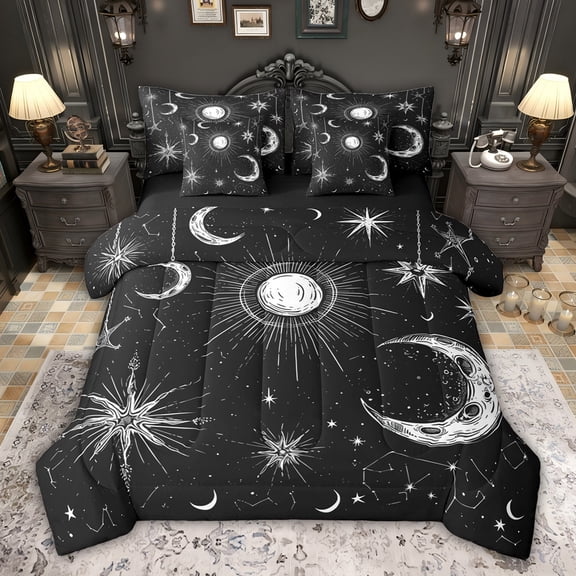Feelyou Bohemian Moon Sun Twin Bedding Sets 7-Piece for Kids, Black White Galaxy Sky Bedding Comforter Set, Dreamy Horoscope Reversible Sheet Sets, Ultra Soft Bedroom Decor