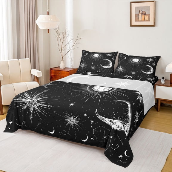 Feelyou Bohemian Moon Sun Twin Sheet Sets for Kids, Black White Galaxy Sky Twin Fitted Sheet, Dreamy Horoscope Flat Sheet, Ultra Soft Bedroom Decor, 3 Pieces