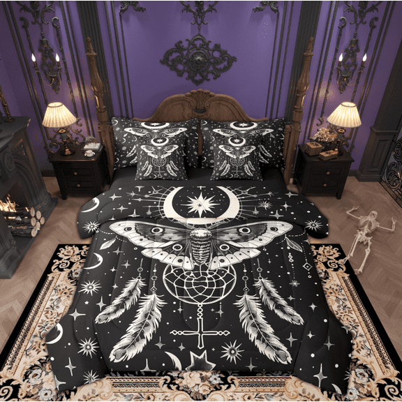 Feelyou Bohemian Moth Bedding Comforter Set 7pcs, Mystic Moon Galaxy Queen Bedding Sets, Tribal Dream Catchter Reversible Queen Sheet Sets, Super Cozy Room Decor