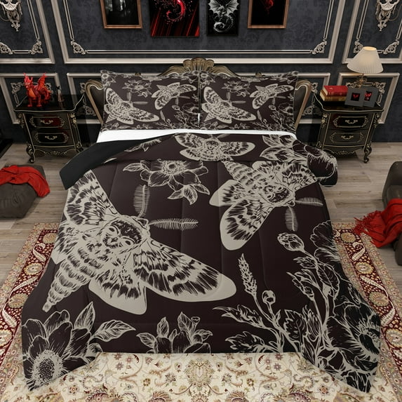 Feelyou Bohemian Moth Butterfly Bedding Comforter Set, Damask Flower Floral Twin Comforter Sets, Hippie Animal Skeleton Reversible Bedding Set, Super Cozy Room Decor, 2pcs