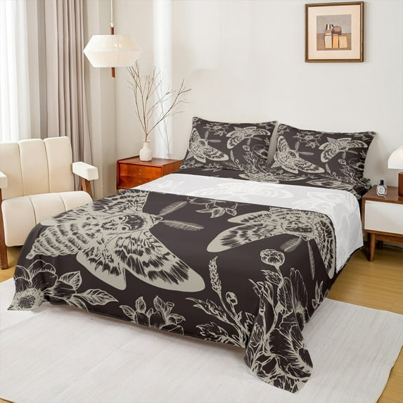 Feelyou Bohemian Moth Butterfly Twin Sheet Sets, Damask Flower Floral Twin Fitted Sheet, Hippie Animal Skeleton Flat Sheet, Super Cozy Room Decor, 3pcs