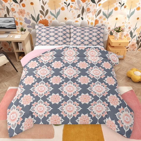 Feelyou Bohemian Pink Floral Bedding Comforter Set, Mandala Damask Flower Twin Comforter Sets, Hippie Princess Style Reversible Bedding Set, Super Cozy Room Decor, 2pcs