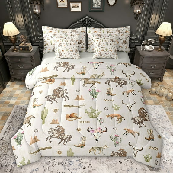 Feelyou Bohemian Sheep Skeleton Bedding Comforter Set 7pcs, Vintage Western Horse Cactus King Bedding Sets, Rustic Cowgirl Cowboy Reversible Bed Sheets, Luxury Bedroom Decor