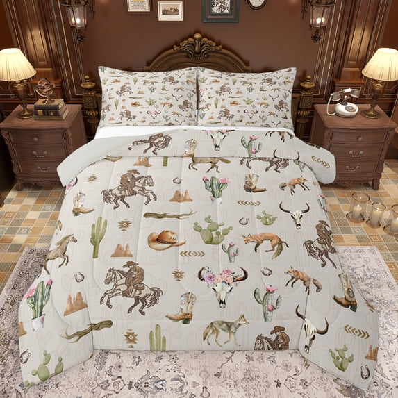 Feelyou Bohemian Sheep Skeleton Queen Comforter Set, Vintage Western Horse Cactus Bedding Sets, Rustic Cowgirl Cowboy Reversible Bedding Comforter Set, Luxury Bedroom Decor, 3-Piece