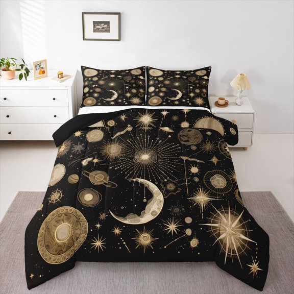 Feelyou Bohemian Starry Sky Bedding Comforter Set for Kids, Black Gold Stars Twin Comforter Sets, Psychedelic Sun Moon Reversible Bedding Set, Microfiber Bedroom Decor, 2-Piece