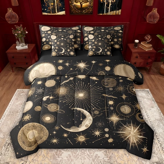 Feelyou Bohemian Starry Sky Twin Bedding Sets 7-Piece for Kids, Black Gold Stars Bedding Comforter Set, Psychedelic Sun Moon Reversible Sheet Sets, Microfiber Bedroom Decor