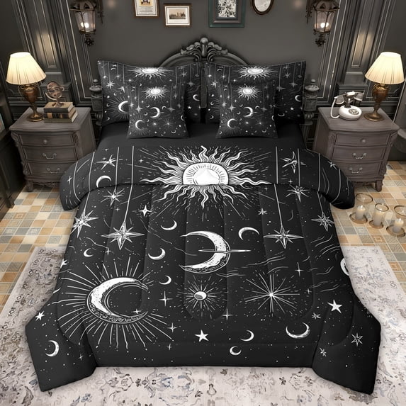 Feelyou Bohemian Stars Sun Twin Bedding Sets 7-Piece for Child, Tribal Galaxy Moon Bedding Comforter Set, Mystic Vintage Fashion Reversible Sheet Sets, Lightweight Room Decor