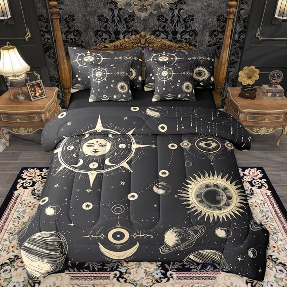 Feelyou Bohemian Sun Child Bedding Comforter Set 7pcs, Tribal Planet Moon Queen Bedding Sets, Mystic Vintage Fashion Reversible Queen Sheet Sets, Lightweight Room Decor