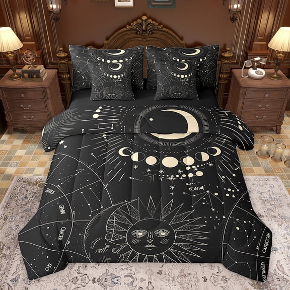 Feelyou Bohemian Sun Print Bedding Comforter Set 7pcs, Western Mystic Astrology King Bedding Sets, Hippie Tribal Stars Moon Reversible Bed Sheets, Luxury Bedroom Decor