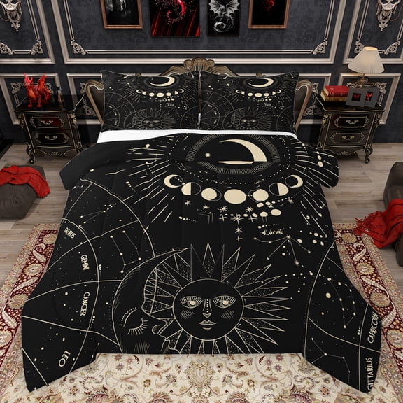Feelyou Bohemian Sun Print Full Size Comforter Sets, Western Mystic Astrology Bedding Comforter Set, Hippie Tribal Stars Moon Reversible Bedding Sets, Luxury Bedroom Decor, 3-Piece