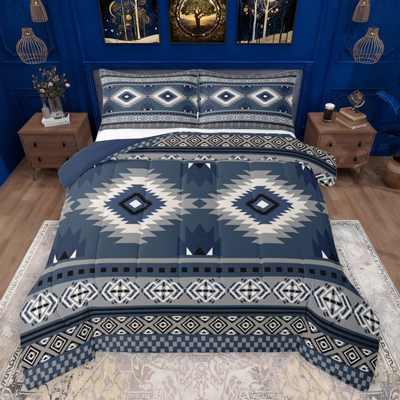 Feelyou Bohemian Triangle Buffalo Bedding Comforter Set, Blue Hippie Aztec Twin Comforter Sets, Teens Adult Women Men Reversible Bedding Set, Microfiber Bedroom Decor, 2-Piece