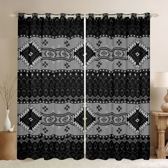 Feelyou Bohemian Triangle Print Curtains Pack of 2 (42x84 Each), Black Grey Hippie Aztec Curtains Blackout, Teens Adult Women Men Bedroom Curtains, Window Curtains Home Decor