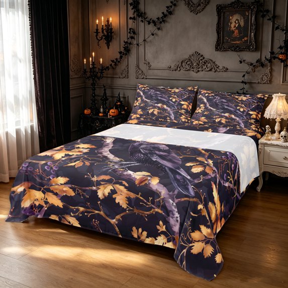 Feelyou Boho Autumn Raven King Sheets, Spooky Branch Foliage Bedding, Dark Purple Gold, 4 Pieces, 1 Flat Sheet, 1 Fitted Sheet and 2 Pillowcases
