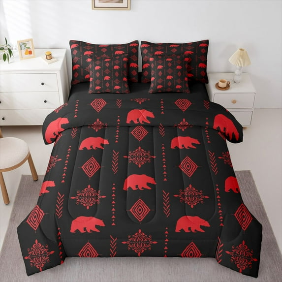 Feelyou Boho Aztec Damask Bedding Comforter Set 7pcs, Rustic Bear Queen Bedding Sets