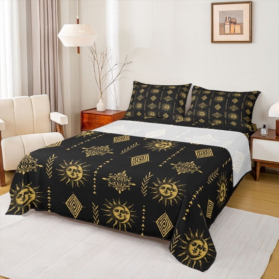 Feelyou Boho Aztec Damask Queen Sheet Sets, Mandala Sun Moon Galaxy Bed Set, 4pcs