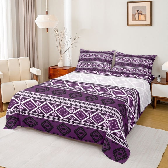 Feelyou Boho Aztec Triangle Full Size Sheets for Men, Mystic Purple Mandala Bed Sheets, Hippie Countryside Sheet Sets, Breathable Home Decor, 4 Pieces