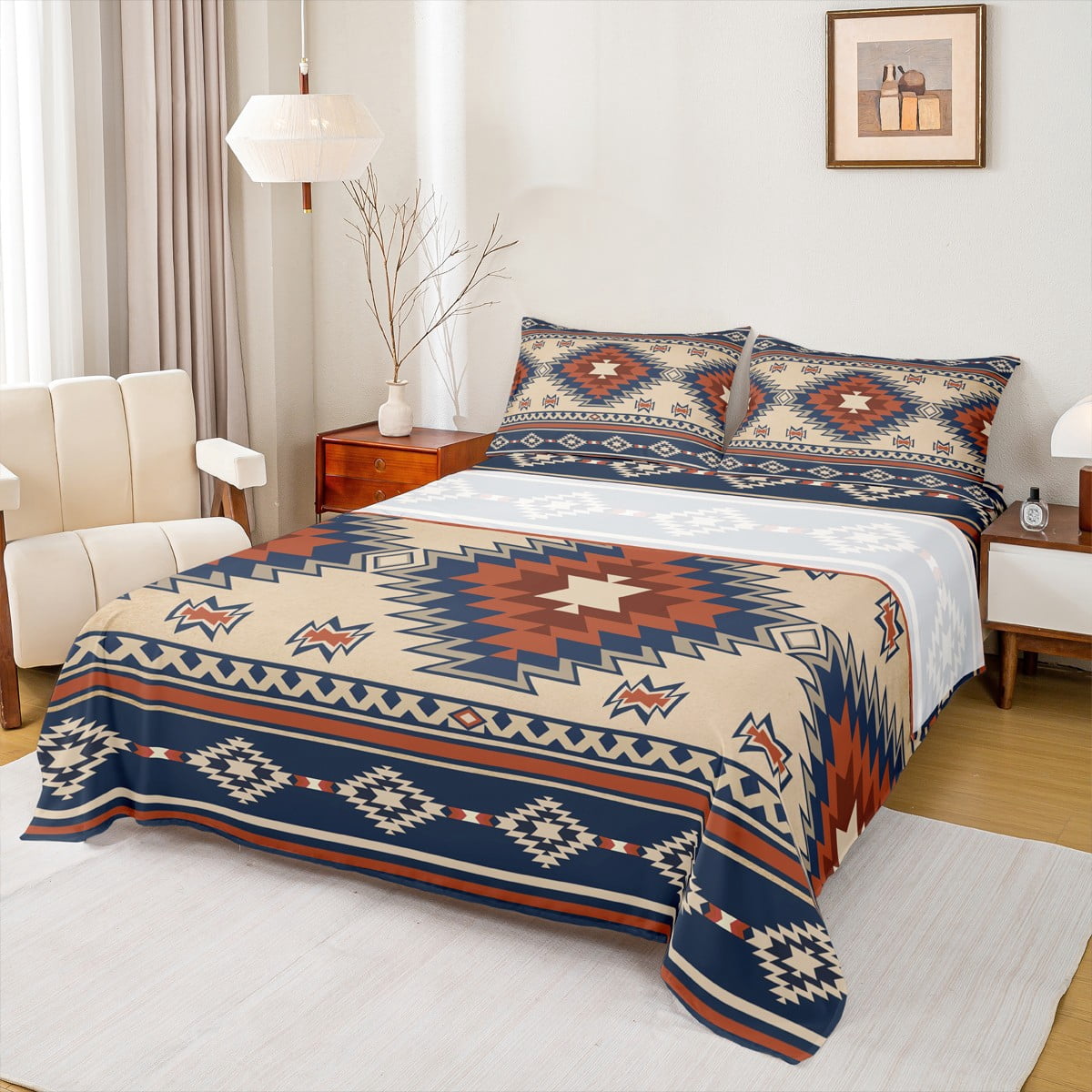 Feelyou Boho Aztec Triangle Full Size Sheets for Men, Navy Hippie ...
