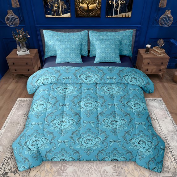 Feelyou Boho Bowknot Damask Comforter Set 7pcs, Retro Turquoise Flower Queen Bedding Sets