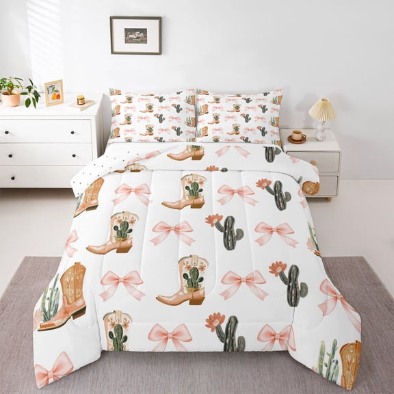 Feelyou Boho Cactus Plant Queen Comforter Set, Tribal Bowknot Cowgirl Bedding Set, 3pcs
