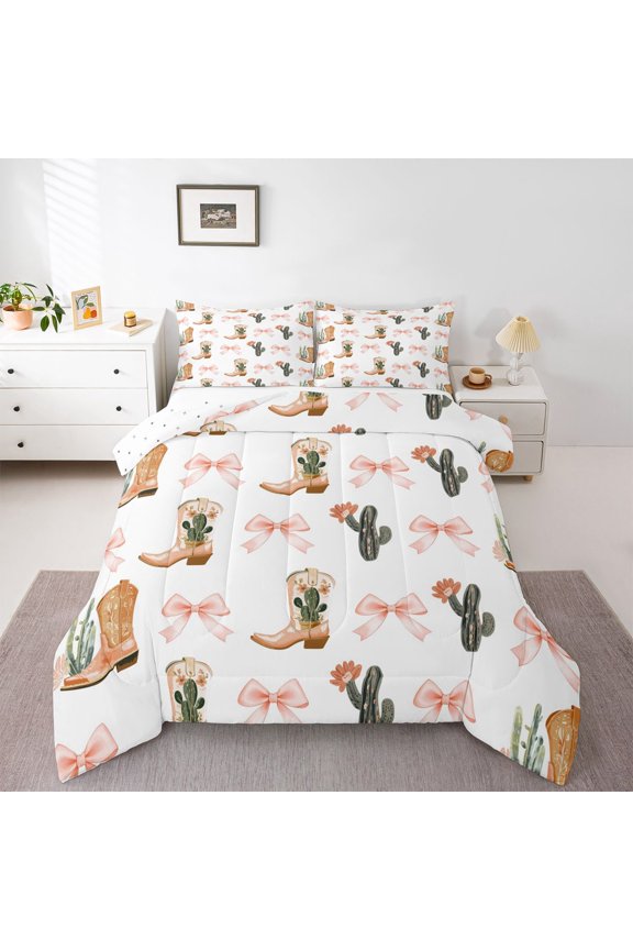 Boho Cactus Plant Queen Comforter Set, Tribal Bowknot Cowgirl Bedding Set, 3pcs