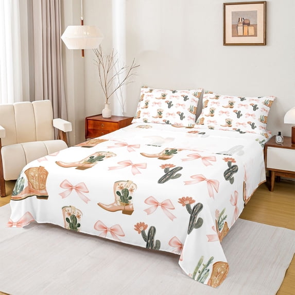 Feelyou Boho Cactus Plant Queen Sheet Sets, Tribal Bowknot Cowgirl Bed Set, 4-Piece
