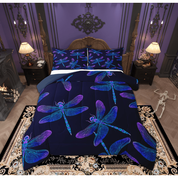 Feelyou Boho Cartoon Dragonfly Bedding Comforter Set, Blue Purple Jungle Animal Twin Comforter Sets, Mandala Theme Reversible Bedding Set, Super Cozy Room Decor, 2-Piece
