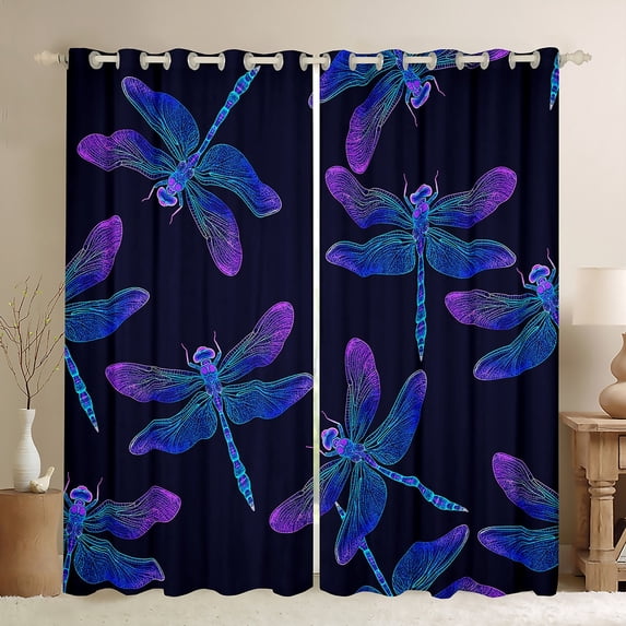 Feelyou Boho Cartoon Dragonfly Black Out Curtains, Blue Purple Jungle Animal Curtains Pack of 2 (42x63 Each), Mandala Theme Bedroom Curtains, Curtains and Drapes Room Decor