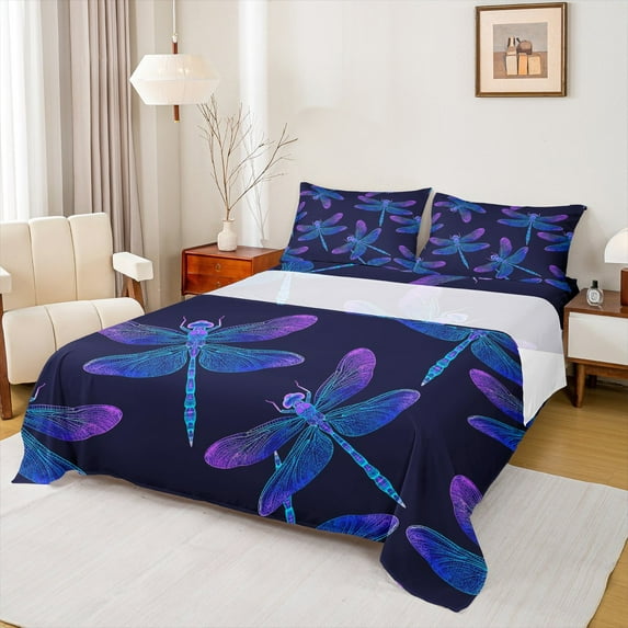 Feelyou Boho Cartoon Dragonfly Full Size Sheets, Blue Purple Jungle Animal Bed Sheets, Mandala Theme Sheet Sets, Super Cozy Room Decor, 4-Piece