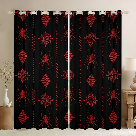 Feelyou Boho Damask Black Out Curtains, Black Red Spoder Curtains Pack of 2 (42x63 Each)
