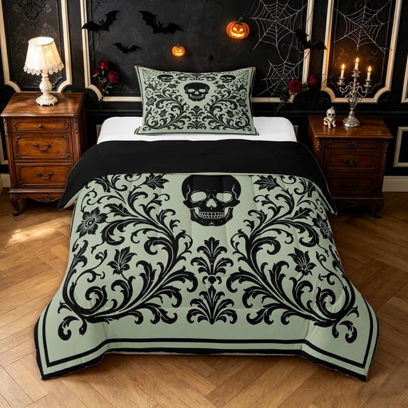 Feelyou Boho Damask Floral Twin Comforter Sets, Mandala Skull Bedding Set, Sage Green Black, Black Reversible, 2-Piece, 1 Comforter and 2 Pillowcases