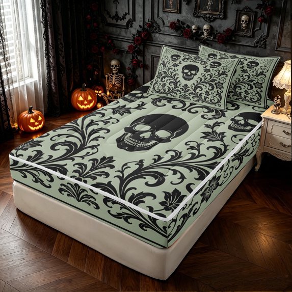 Feelyou Boho Damask Floral Zipper Twin Comforter Sets with Fitted Sheet and 2 Pillowcases, Mandala Skull Zipper Bedding Set, Sage Green Black, Black Reversible, 4-Piece