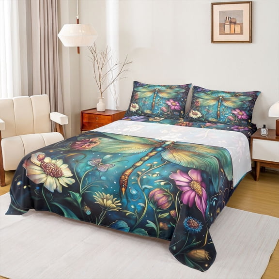 Feelyou Boho Dragonfly Kid Twin Sheet Sets, Groovy Daisy Floral Bedding, 3-Piece