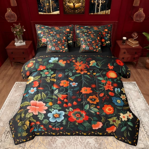 Feelyou Boho Farmhouse Floral Twin Bedding Sets 7-Piece, Mid Century Fashion Bedding Comforter Set, Teens Adult Girls Women Reversible Sheet Sets, Lightweight Room Decor