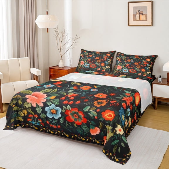 Feelyou Boho Farmhouse Floral Twin Sheet Sets, Mid Century Fashion Twin Fitted Sheet, Teens Adult Girls Women Flat Sheet, Lightweight Room Decor, 3pcs