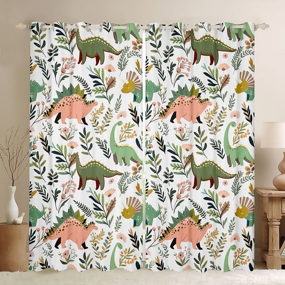 Feelyou Boho Floral Dinosaur Curtains Pack of 2 (42x84 Each) for Kids Boys Girls, Jungle Botanical Curtains Blackout, White Green