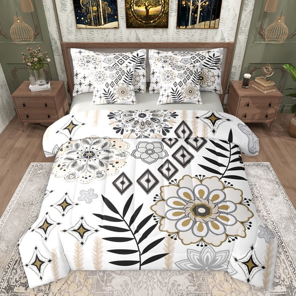 Feelyou Boho Floral Flower Bedding Comforter Set 7 Pieces, Hippie Aztec Minimalst Full Bedding Set, Rustic Leaf Botanical Reversible Fitted Sheet Flat Sheet, Ultra Soft Bedroom Decor