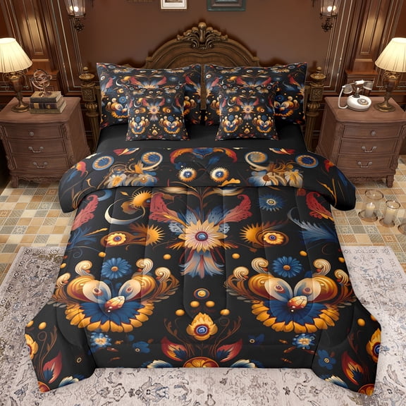Feelyou Boho Floral Flower Bedding Comforter Set 7pcs, Hippie Mandala Plant Queen Bedding Sets, Old Fashion Style Reversible Queen Sheet Sets, Breathable Home Decor